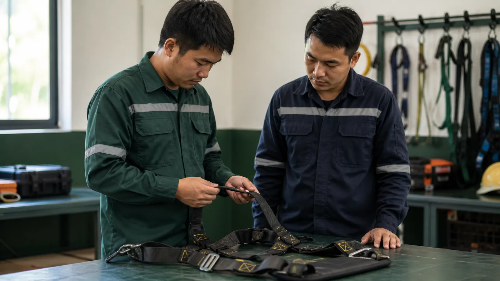 Hai nhân viên kiểm tra dây đai toàn thân được trải trên bàn trước ca làm việc