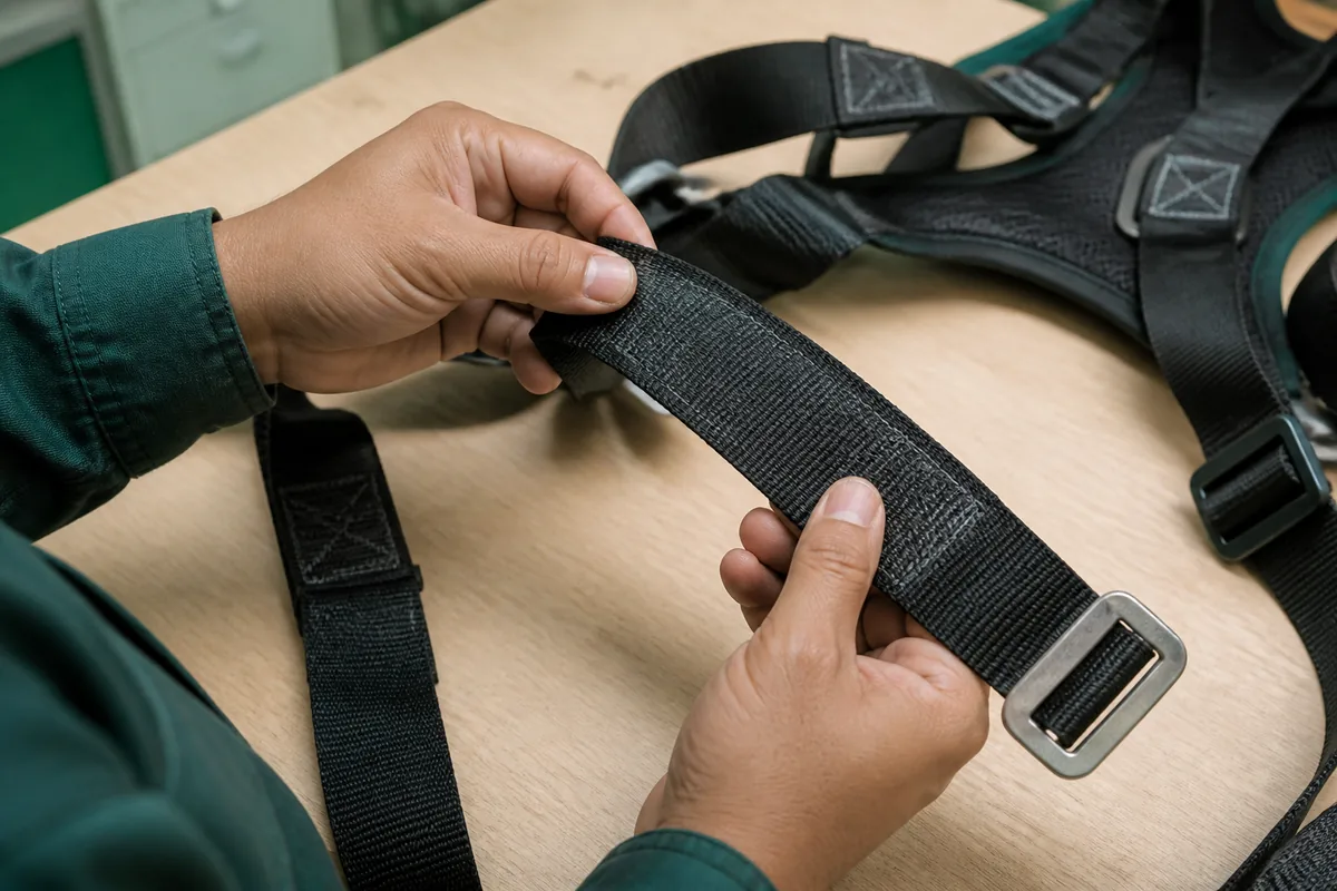 Hai bàn tay uốn nhẹ webbing của dây đai toàn thân để quan sát bề mặt và đường may