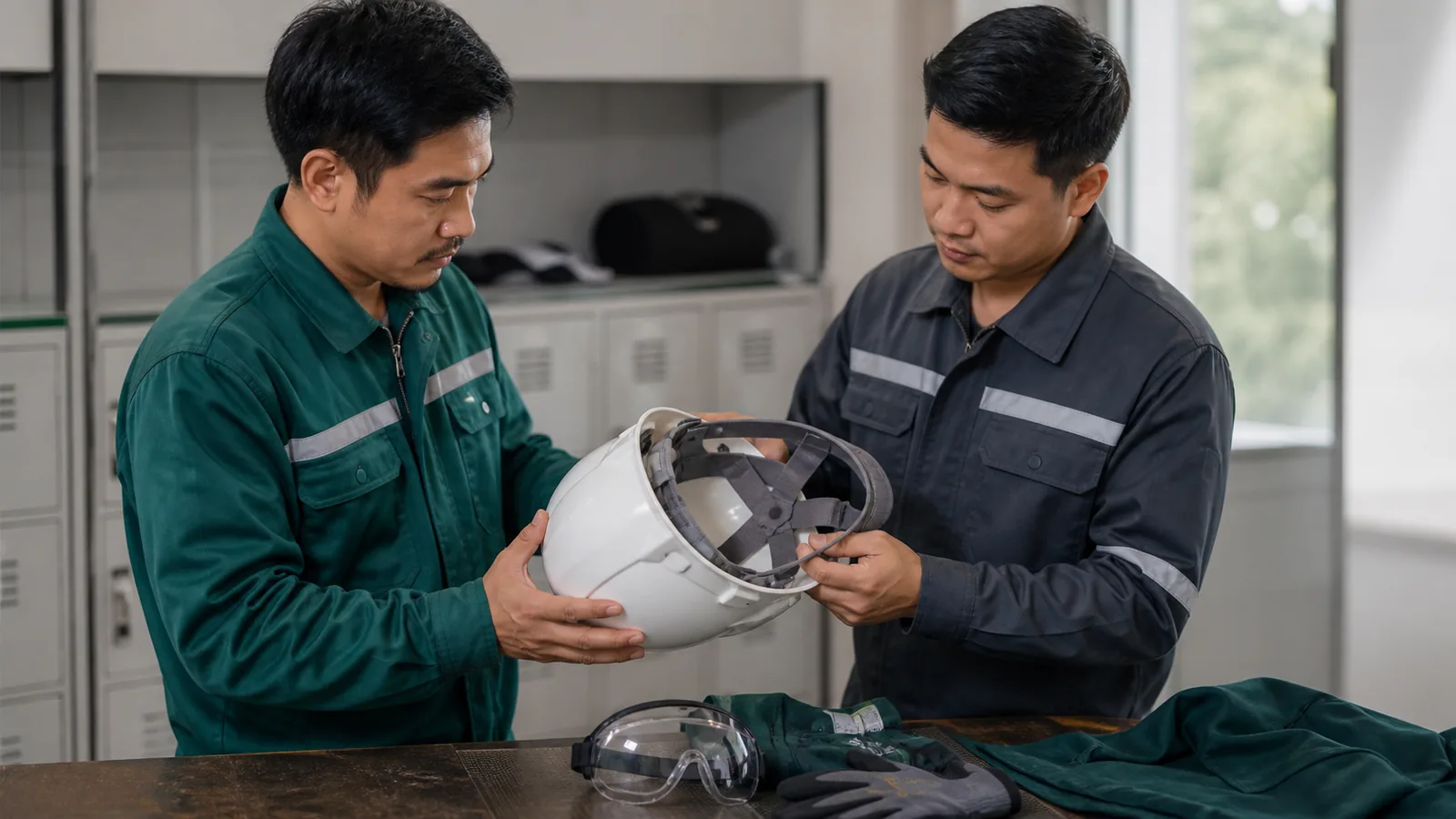 Hai nhân viên kiểm tra vỏ và hệ thống quai bên trong mũ bảo hộ trước khi vào khu vực làm việc